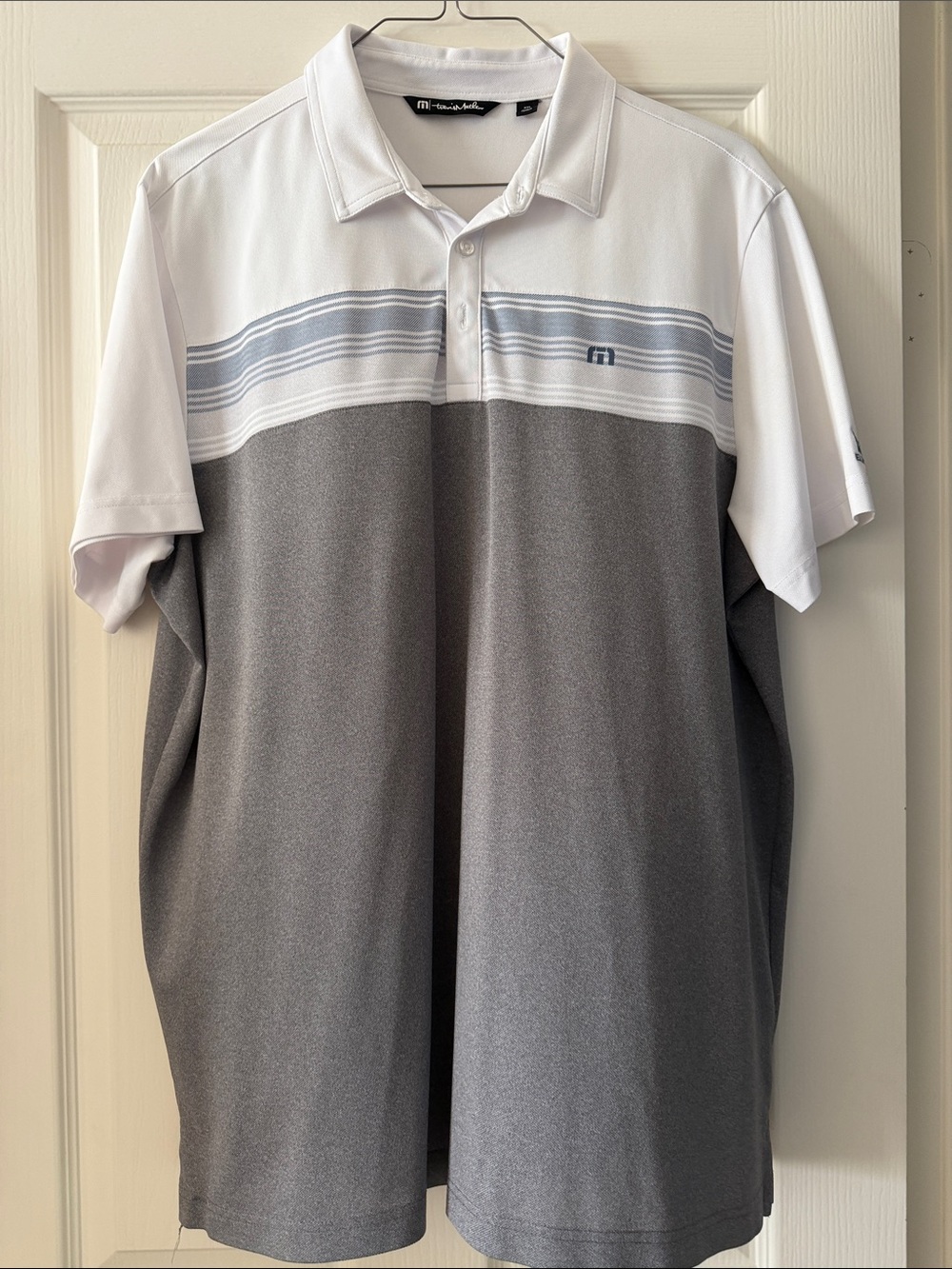 Travis Mathew Men’s White & Gray Striped Chest Golf Polo